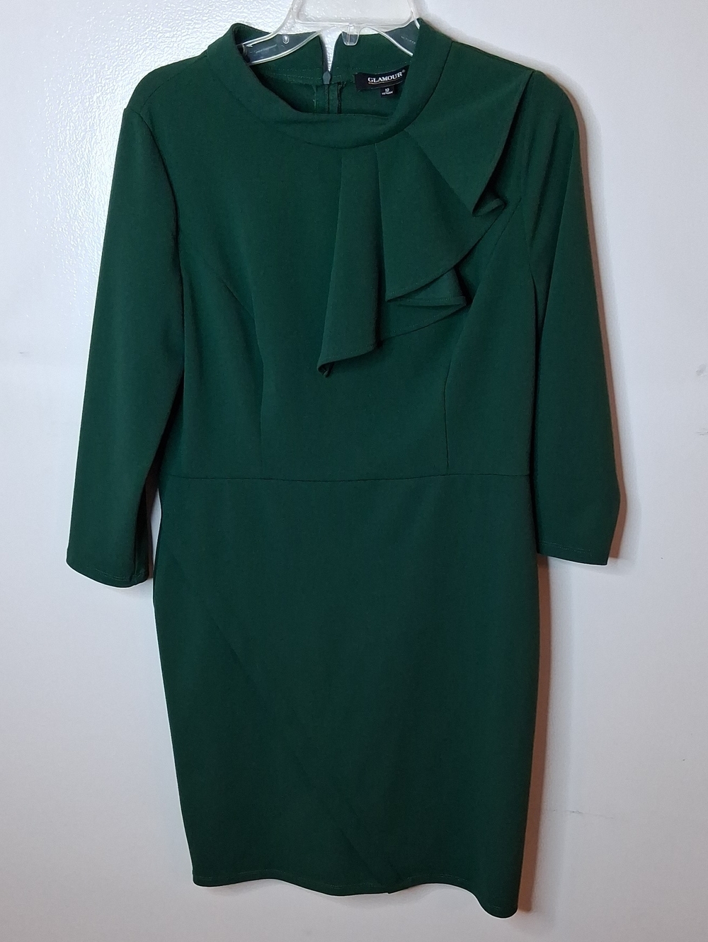 Glamor Women's Size 12 Forest Green Ruffle-Detail Midi Sheath Dress. Chic